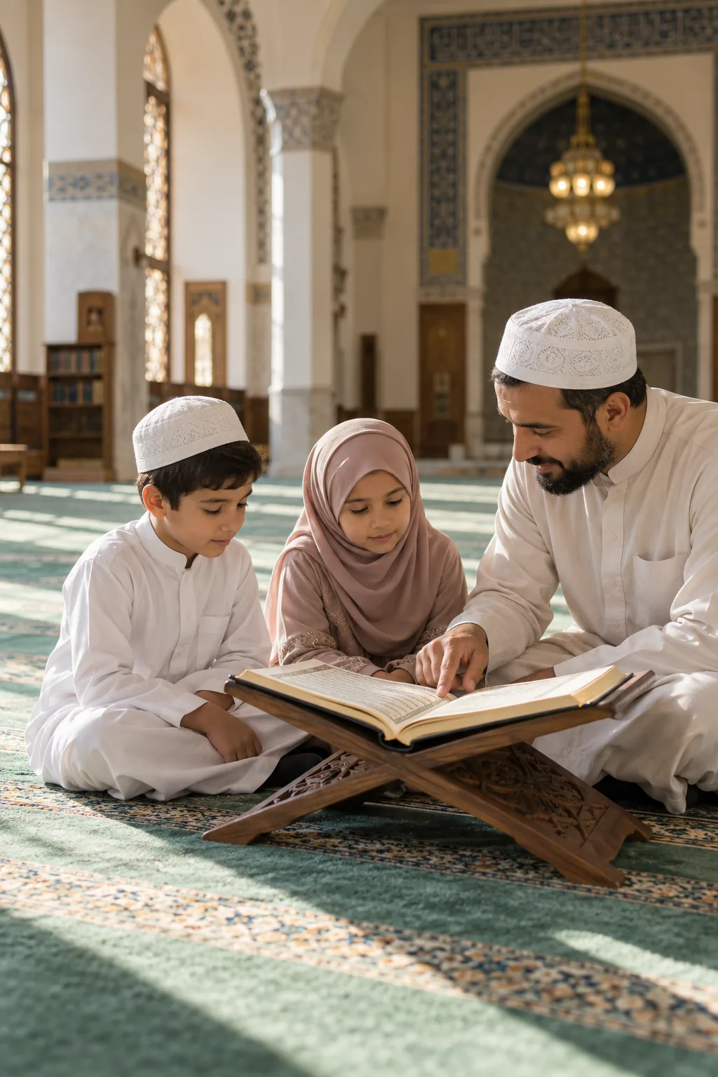 Children learning Qur’an with a teacher in a mosque
